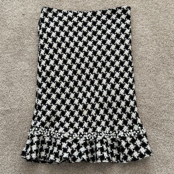 I.C.E Houndstooth Fishtail Skirt Black White Beaded Pearl Trim Lined Y2K Size 8 - Picture 5 of 8